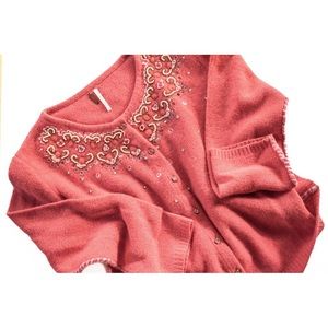 Vintage Free People Coral Wool & Angora Sweater with Beadwork Embroidery